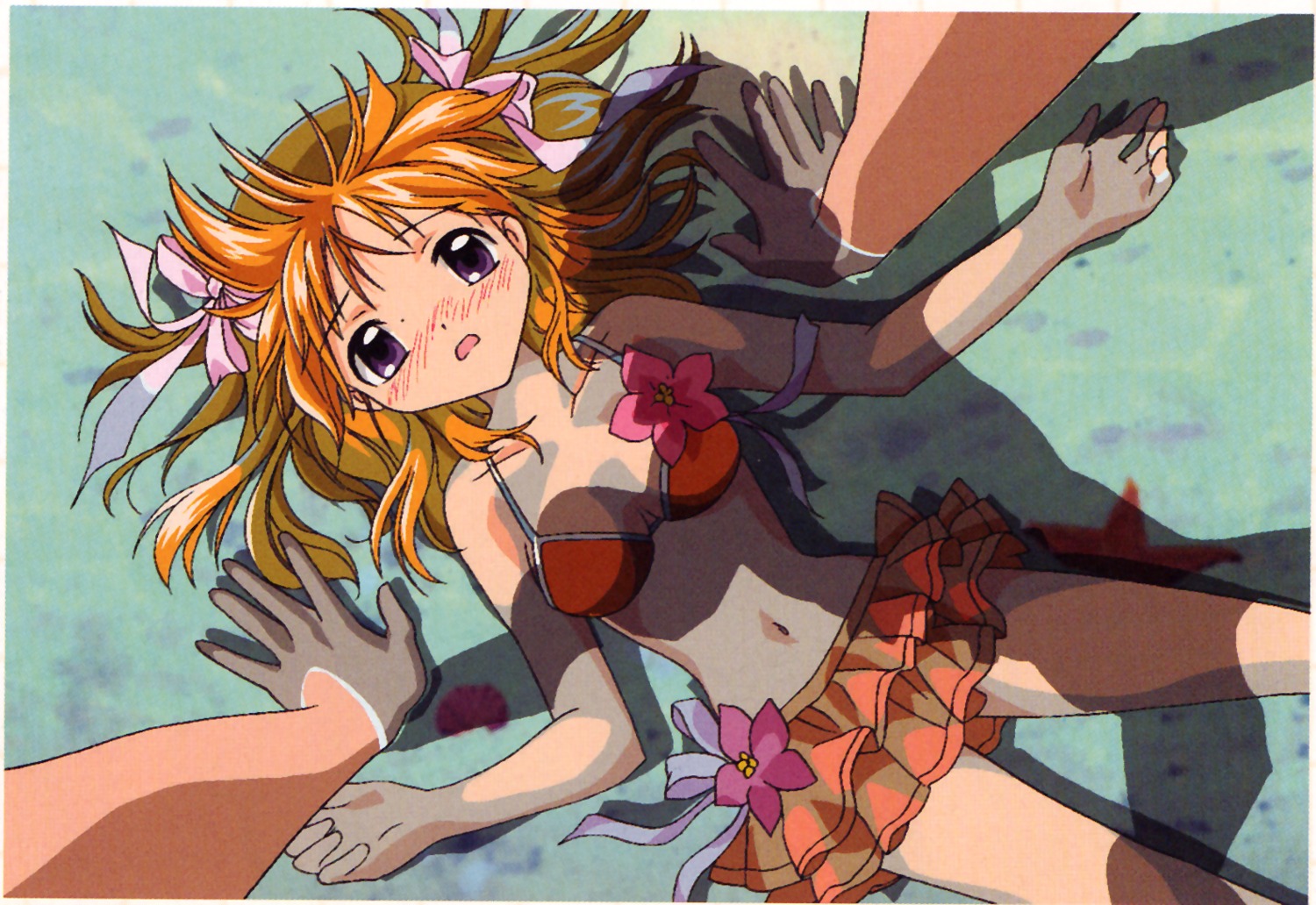 1girls apricot_sakuraba beach bikini blush breasts female flower galaxy_angel galaxy_angel_rune ribbon ribbons rule34 shadow skirt solo swimsuit tied_hair twintails water