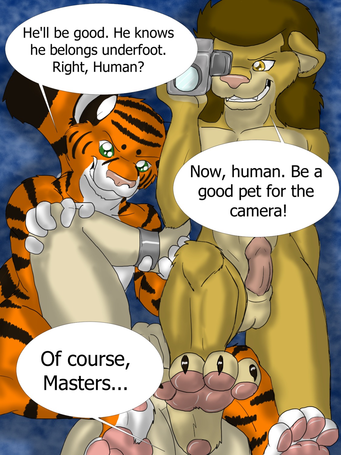 2014 3:4 4_toes anthro balls bdsm bondage bound camera dialogue digitigrade dominant dominant_male e621 english_text erection feet felid first_person_view foot_focus frozen_over genitals grin group group_sex hair hi_res hindpaw human lion looking_at_viewer male male/male male_pov mammal pantherine pawpads paws penis sex slave smile soles stripes submissive submissive_male submissive_pov talking_to_viewer text threesome tiger toes trio two_doms_one_sub video_camera