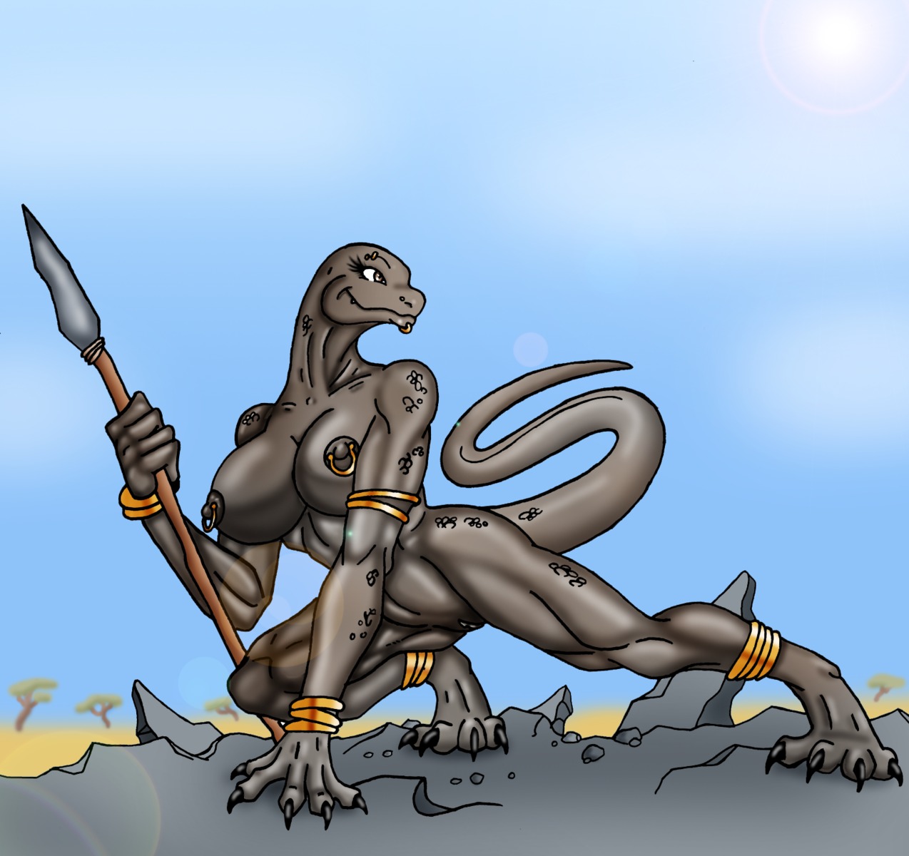 anthro big_breasts breasts cloud desert dinosaur e621 female genitals hi_res jewelry lordstevie melee_weapon mountain nipples non-mammal_breasts non-mammal_nipples nude outside polearm prehistoric_species reptile scalie sky solo spear tail tribal vulva weapon