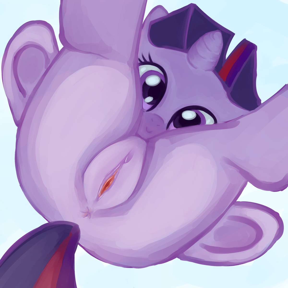 1:1 2012 anus digital_media_(artwork) digital_painting_(artwork) e621 equid equine female feral friendship_is_magic fur genitals hair hasbro hi_res horn looking_at_viewer mammal multicolored_hair my_little_pony mythological_creature mythological_equine mythology painting_(artwork) ponylicking purple_body purple_fur purple_hair simple_background solo tail twilight_sparkle_(mlp) two_tone_hair unicorn vulva white_background