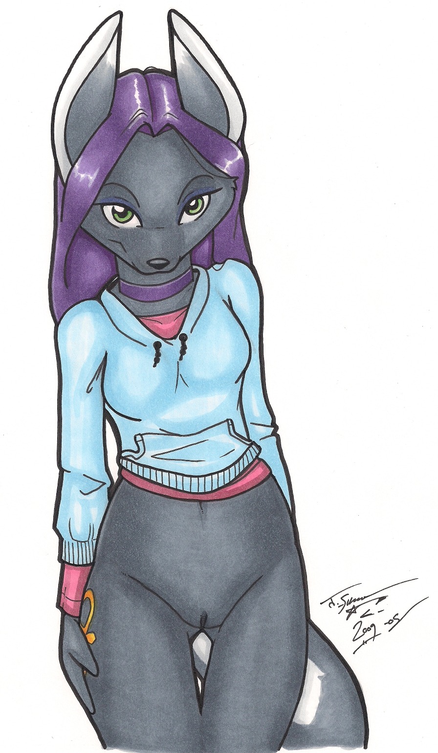 anthro anubian_jackal black_body black_fur bottomless canid canine canis clothed clothing collar e621 female fur genitals hair hi_res hoodie jackal looking_at_viewer mammal os purple_hair simple_background skimpy solo tail topwear vulva white_background