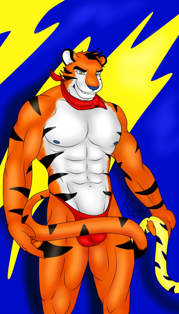 abs anthro balls_outline biceps big_muscles biped blue_nipples blue_nose bulge clothed clothing countershading detailed_bulge e621 felid frosted_flakes genital_outline hunterramirez kellogg's looking_at_viewer male mammal mascot muscular muscular_anthro muscular_male nipples one_eye_closed pantherine pecs penis_outline smile solo speedo standing stripes swimwear thong tiger tony_the_tiger topless underwear wink
