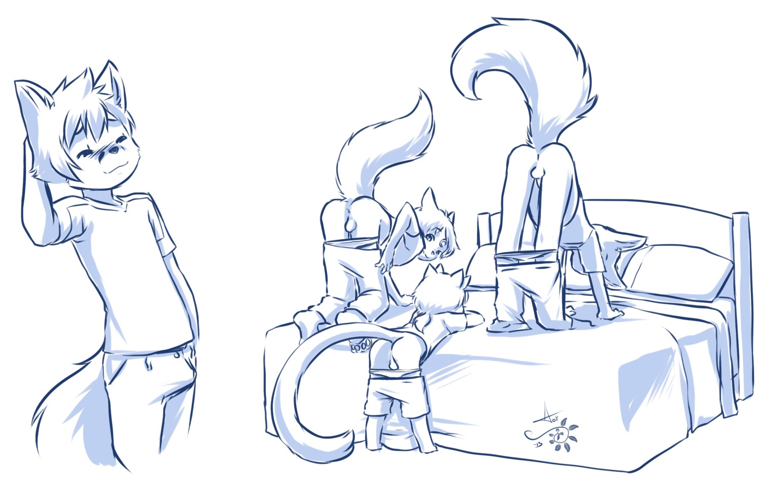 2013 anthro anus aogami backsack balls bed bent_over blush butt canid canine canis clothing e621 erection flashing fluffy fluffy_tail fox furniture genitals group hi_res lineup male male/male mammal monochrome mooning penis presenting presenting_anus presenting_hindquarters rodent sciurid tail toddler tree_squirrel tycloud underwear wolf young young_anthro young_male
