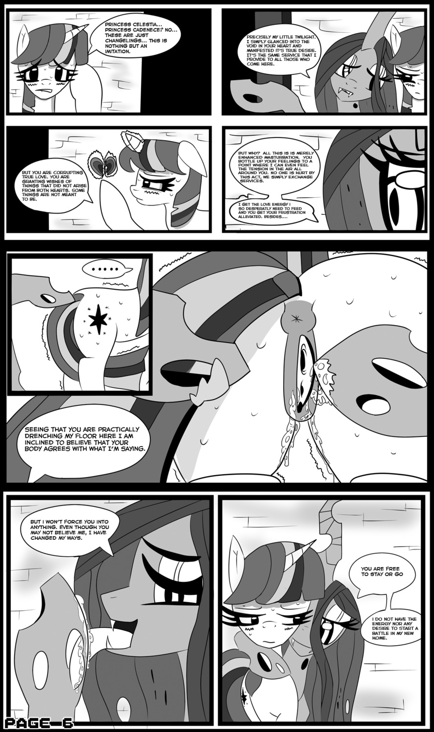 anus arthropod bodily_fluids brothel changeling_(mlp) comic cutie_mark dialogue duo e621 english_text equid equine female female/female feral fingering friendship_is_magic fur genital_fluids genitals greyscale hair hasbro hi_res horn licking mammal monochrome my_little_pony mythological_creature mythological_equine mythology prostitution quadruped queen_chrysalis_(mlp) story tail text tiarawhy tongue tongue_out twilight_sparkle_(mlp) unicorn vaginal vaginal_fingering vaginal_fluids vulva