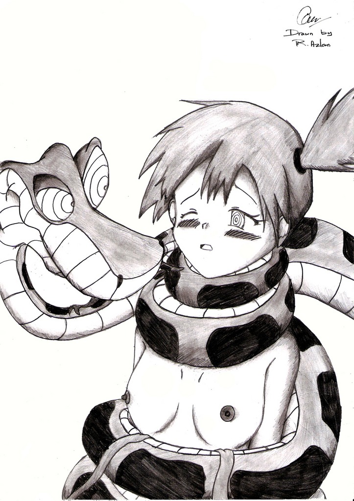 1girls crossover disney eastern_and_western_character female human kaa kasumi_(pokemon) monochrome nintendo nipples pokemon rule34 the_jungle_book