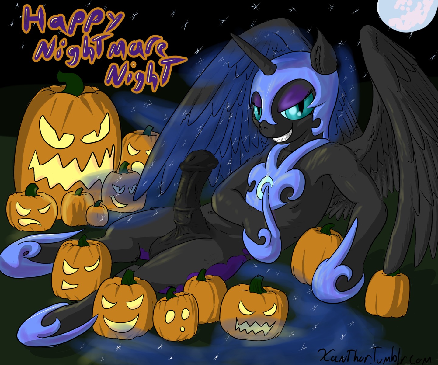 6:5 absurd_res anthro anthrofied armor black_body black_feathers e621 equid equine erection feathered_wings feathers food friendship_is_magic fruit genitals gynomorph halloween hasbro headgear helmet hi_res holidays horn intersex jack-o'-lantern mammal my_little_pony mythological_creature mythological_equine mythology nightmare_moon_(mlp) penis plant pumpkin solo winged_unicorn wings xanthor