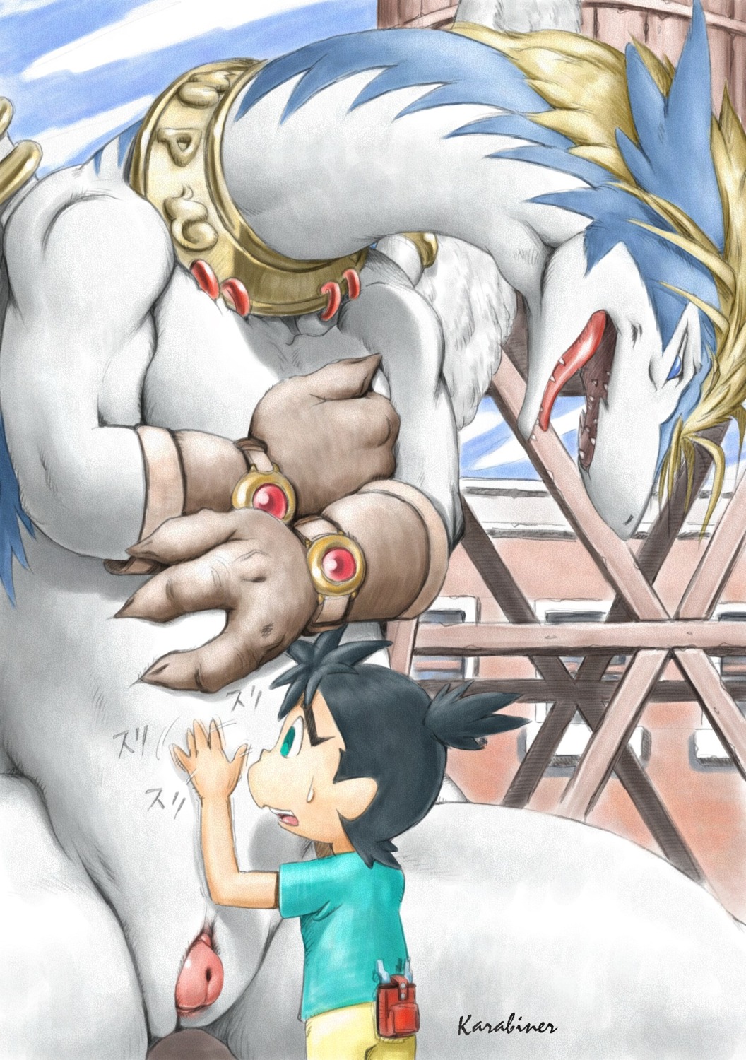 2008 age_difference animal_genitalia belly_rub black_hair blonde_hair blue_eyes bodily_fluids bottomwear claws clothed clothing cloud dragon duo e621 fangs genital_slit genitals gloves hair half-erect handwear hi_res human jewelry karabiner larger_male laugh legendz long_hair long_neck long_tongue male male/male mammal mythological_creature mythological_scalie mythology necklace nude open_mouth outside pants penis penis_tip piercing scalie shiron shirt shu_(legendz) size_difference sky smaller_male sweat teeth tickling tongue topwear young young_human young_male