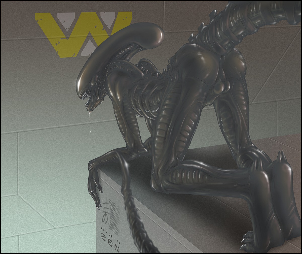 2009 alien alien_(franchise) all_fours animal_genitalia anus backsack balls black_body black_exoskeleton black_skin blade bodily_fluids butt claws drooling e621 exoskeleton eyeless feet genitals glistening humanoid inside logo long_tail male monster monstrous_humanoid not_furry nude open_mouth penis plantigrade presenting presenting_anus presenting_hindquarters raised_heel raised_tail restricted_palette ribs saliva sharp_teeth sheath skinny soles solo tail tail_blade teeth three-quarter_view weapon_tail weyland_yutani xenomorph zenthetiger