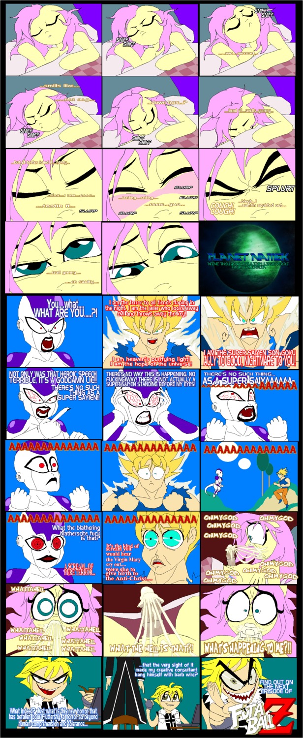 2012 absurd_res alien angry autofellatio bed blonde_hair bloodshot_eyes bodily_fluids border comic computer crossover cum cum_on_face cum_on_own_face cum_on_self cum_string dragon_ball e621 electronics english_text equid equine erection eyes_closed fluttershy_(mlp) friendship_is_magic fur furniture genital_fluids genitals goku green_eyes group gynomorph hair hasbro hi_res horse human intersex male mammal masturbation my_little_pony oral oral_masturbation penile penile_masturbation penis pink_hair pony red_eyes sleeping tail teeth text tyrranux white_border yellow_body yellow_fur