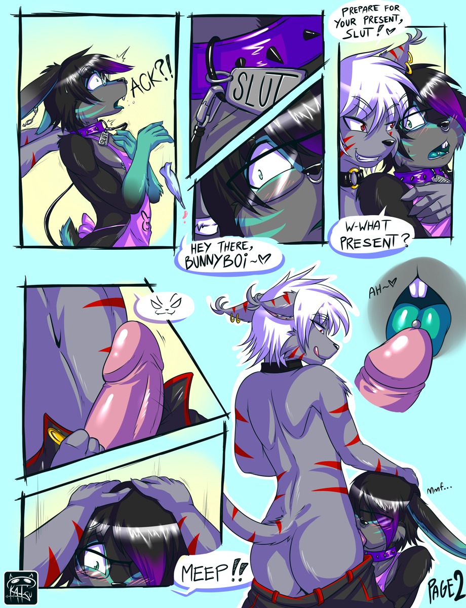 >:3 apron bdsm blush bottomwear clothed clothing collar collar_tag comic dialogue digital_media_(artwork) dominant dominant_male duo e621 ear_piercing english_text erection eyewear felid fellatio femboy forced genitals glasses hi_res katsuke katsuke_(character) lagomorph leash leporid licking male male/male male_penetrated male_penetrating male_penetrating_male mammal multiple_scenes nude open_mouth oral oral_penetration pants penetration penile penis penis_lick piercing pink_clothing rabbit ribbons ring sex skimpy slave submissive submissive_male tail teeth text tongue tongue_out