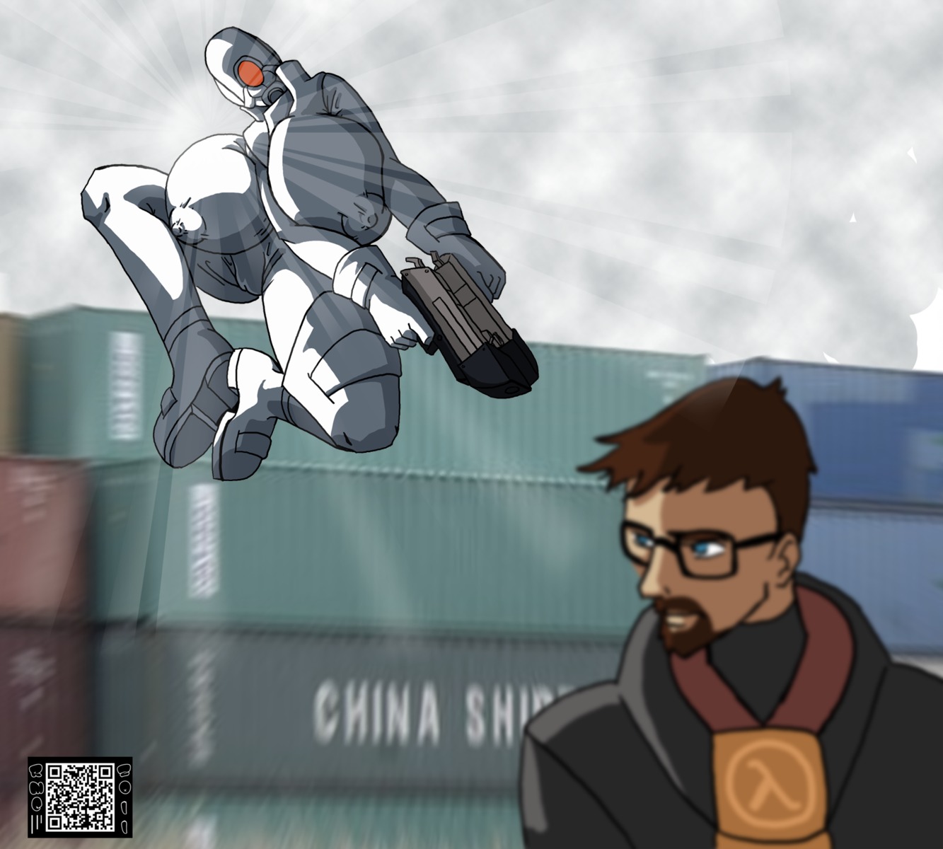 1boy 1girls 2d big_breasts breasts combine_(half-life_series) combine_assassin_(half-life_series) erect_nipples female gas_mask gordon_freeman gun half-life_(series) half-life_2 half-life_2_beta hev_suit holding_gun holding_weapon huge_breasts human human_female human_male human_only male mask masked masked_female nipples nipples_visible_through_clothing pistol pussy pussy_outline red_eye rule34 self_upload shiftymcgearjam unit_8008135 weapon