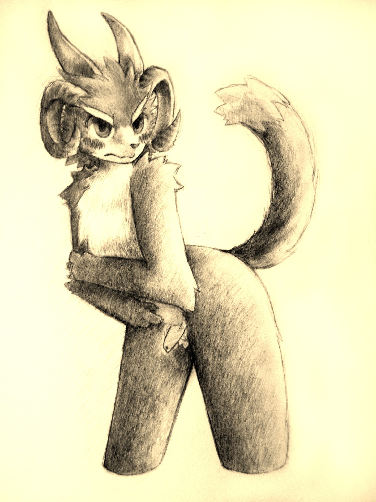 3:4 anthro blush e621 genitals hi_res horn kemono luoluokun male monochrome penis pose sepia simple_background solo tail white_background