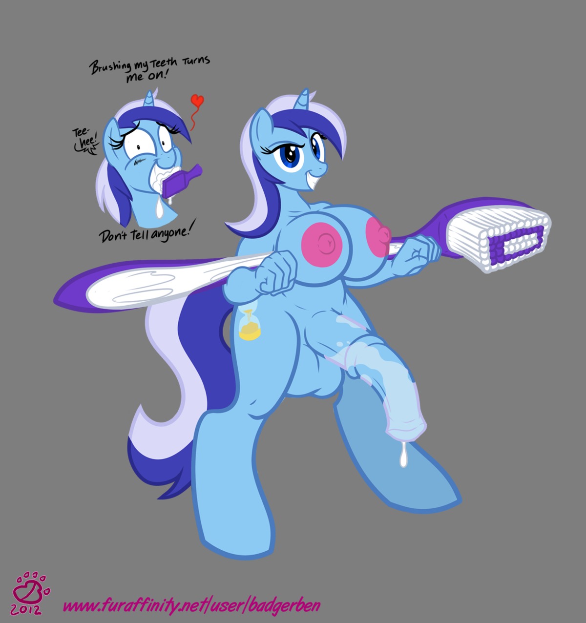 2012 alpha_channel anthro anthrofied areola badgerben balls big_balls big_breasts big_penis biped blue_eyes blue_hair blush bodily_fluids breasts brush cum cutie_mark e621 english_text equid equine erection fingers friendship_is_magic genital_fluids genitals gynomorph hair hasbro heart_symbol hi_res horn huge_breasts intersex mammal minuette_(mlp) my_little_pony mythological_creature mythological_equine mythology nipples nude overweight overweight_anthro overweight_gynomorph overweight_intersex penis pose smile solo tail text toothbrush unicorn url
