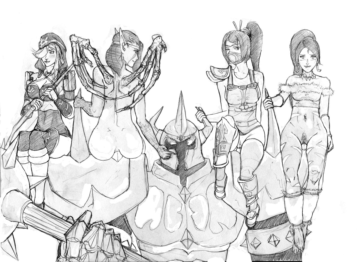 4girls aka6 akali_jhomen_tethi ashe_(league_of_legends) bottomless female league_of_legends male male/female monochrome mordekaiser morgana multiple_females multiple_girls nidalee penetration rule34 straight strapless strapless_top strapless_topwear tubetop