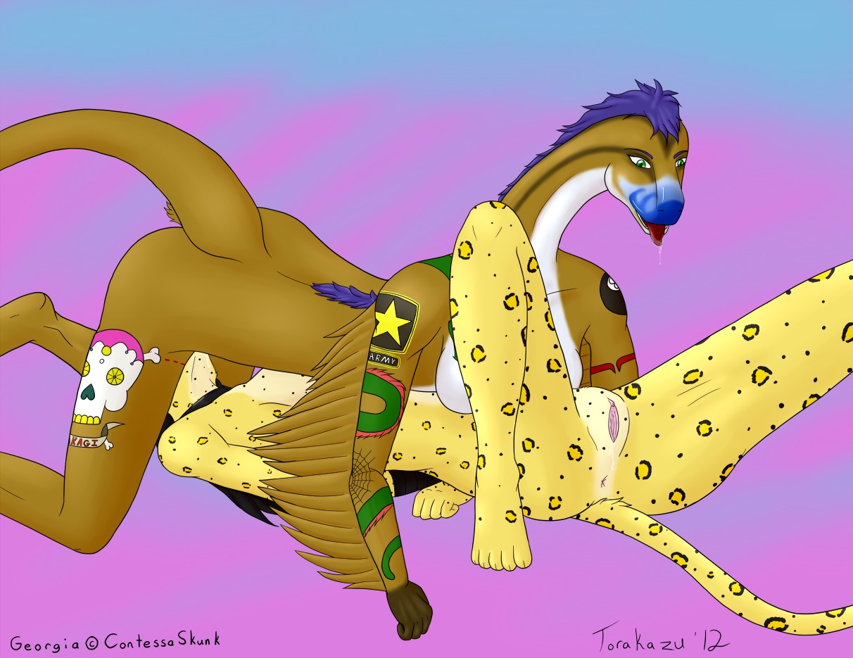 2012 69_position anthro anus blue_hair breasts clitoris digital_media_(artwork) dinosaur duo e621 feathers felid female female/female genitals georgia_velox green_eyes hair interspecies janet_(torakazu) leopard licking mammal nude oral ornithomimid ornithomimosaur ornithomimus pantherine prehistoric_species reptile saurischian scalie sex spots tail tattoo theropod tongue tongue_out torakazu vulva wet