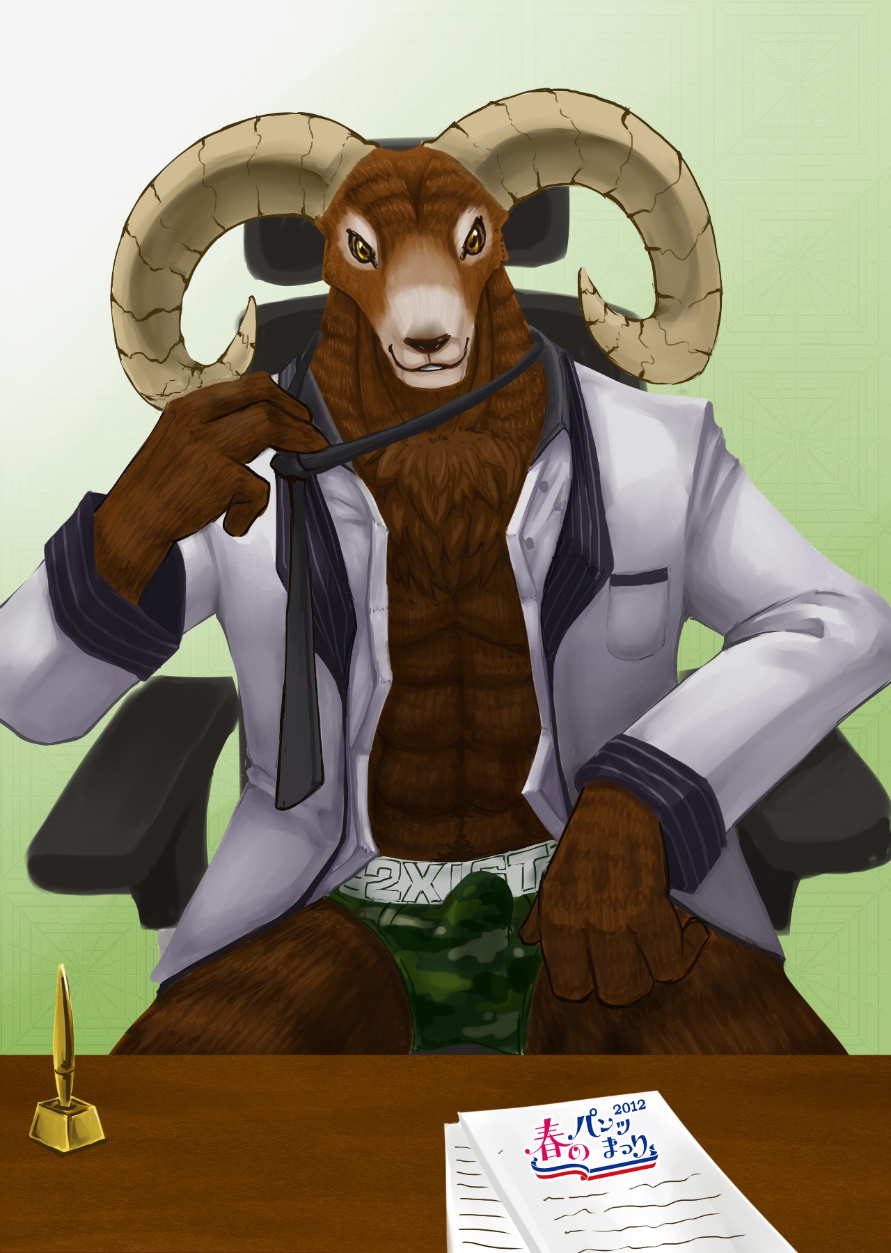 anthro bighorn_sheep biped bovid bulge caprine chair clothing detailed_bulge e621 furniture genital_outline genitals hi_res hikuchi horn looking_at_viewer male mammal office penis_outline sheep sitting solo underwear undressing