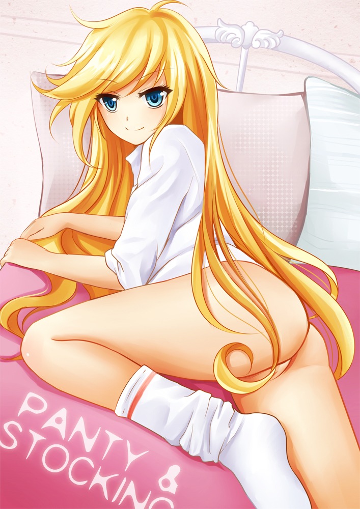 1girls axfa bed blonde_hair blue_eyes bottomless breasts censor_hair censored convenient_censoring female kneehighs legs long_hair looking_at_viewer looking_back looking_back_at_viewer loose_socks nikoo no_panties on_bed panty_&amp;_stocking_with_garterbelt panty_anarchy pillow presenting rule34 small_breasts smile socks solo very_long_hair white_socks