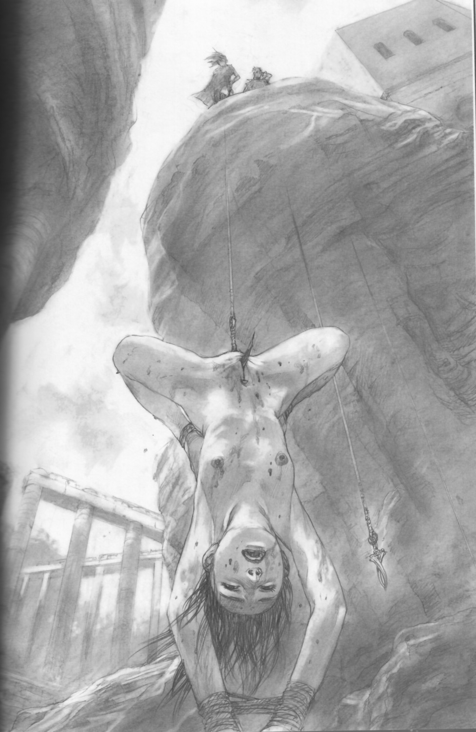 black_hair blade blood bondage bound cliff female flat_chest gore guro hiroaki_samura monochrome nipples nude pain pencil pussy rule34 scan torture