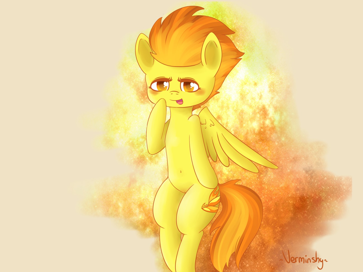 2014 4:3 amber_eyes cutie_mark e621 equid equine feathered_wings feathers female feral friendship_is_magic fur genitals hair hasbro hi_res looking_at_viewer mammal multicolored_hair my_little_pony mythological_creature mythological_equine mythology pegasus solo spitfire_(mlp) two_tone_hair verminshy vulva wings wonderbolts_(mlp) yellow_body yellow_feathers yellow_fur