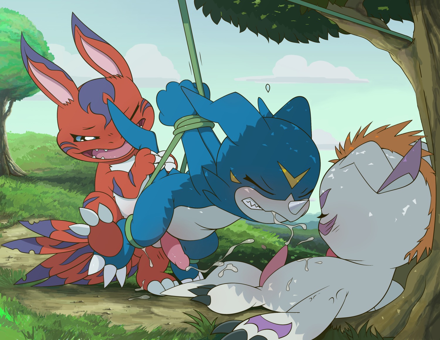 absurd_res anal anal_penetration anthro aquatic bandai_namco bdsm blue_body blue_skin blush bodily_fluids bondage bound conditional_dnp cum cum_while_penetrated digimon digimon_(species) dominant dominant_male e621 ejaculation elecmon erection forced forced_orgasm genital_fluids genitals gomamon group group_sex hands-free hi_res male male/male male_penetrated male_penetrating male_penetrating_male mammal nude orgasm penetration penis pinniped plant sex submissive submissive_male tail threesome tricksta trio veemon vines wince