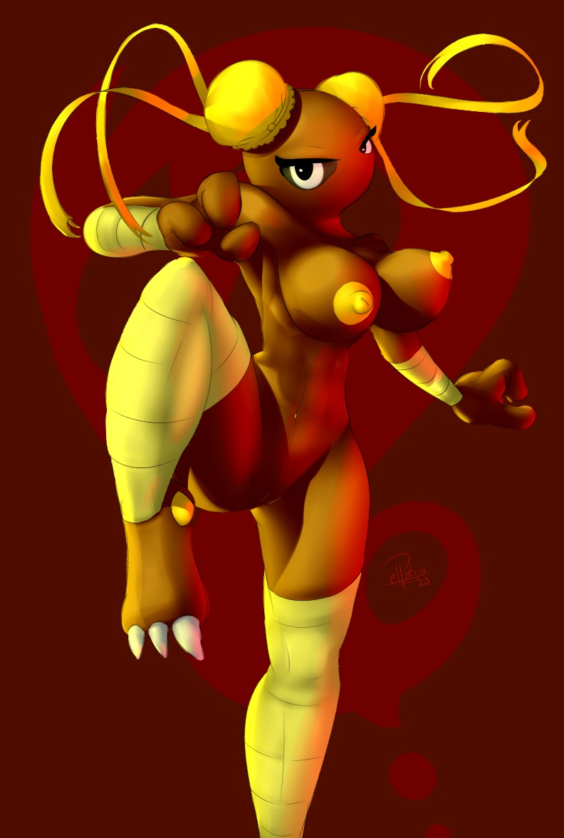 2013 anthro anthrofied breasts brown_body claws digital_media_(artwork) e621 elpatrixf female generation_1_pokemon genitals hitmonlee looking_at_viewer mouthless nintendo nipple_dip nipples noseless nude pokemon pokemon_(species) solo toe_claws vulva yellow_nipples