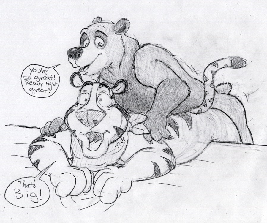 anal anthro anthro_on_anthro bear brother_bear brown_bear crossover dialogue disney duo e621 english_text felid from_behind_position frosted_flakes grizzly_bear kellogg's kenai_(brother_bear) male male/male male_penetrated male_penetrating male_penetrating_male mammal mascot pantherine penetration sex simple_background slightly_chubby surprised tail tbfm text tiger tony_the_tiger ursine white_background