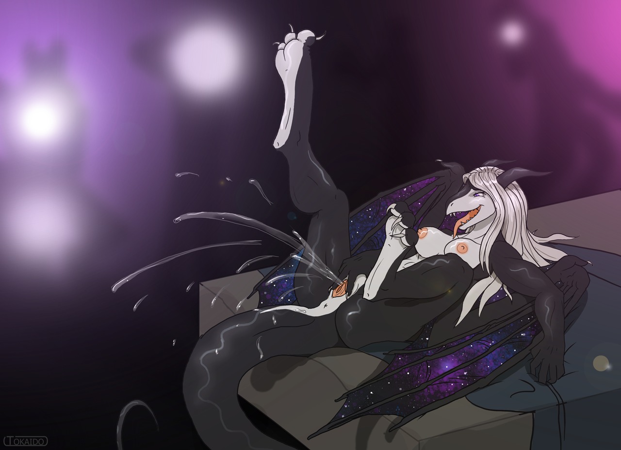 2014 anthro anus bed biped black_body bodily_fluids breasts camera claws cosmic_flesh cosmic_wings curling_toes curved_horn digital_media_(artwork) dragon e621 ejaculation european_mythology excessive_genital_fluids excessive_vaginal_fluids feet female furniture genital_fluids genitals hair horn kirianna kirianna_tatsukao_(rithnok) lens_flare membrane_(anatomy) membranous_wings mythological_creature mythological_scalie mythology night_sky_body nipples non-mammal_breasts non-mammal_nipples nude open_mouth orgasm pawpads paws scalie smile solo star tail teeth toe_claws tokaido tongue tongue_out vaginal vaginal_fluids vaginal_squirting vulva western_dragon wet white_hair wings