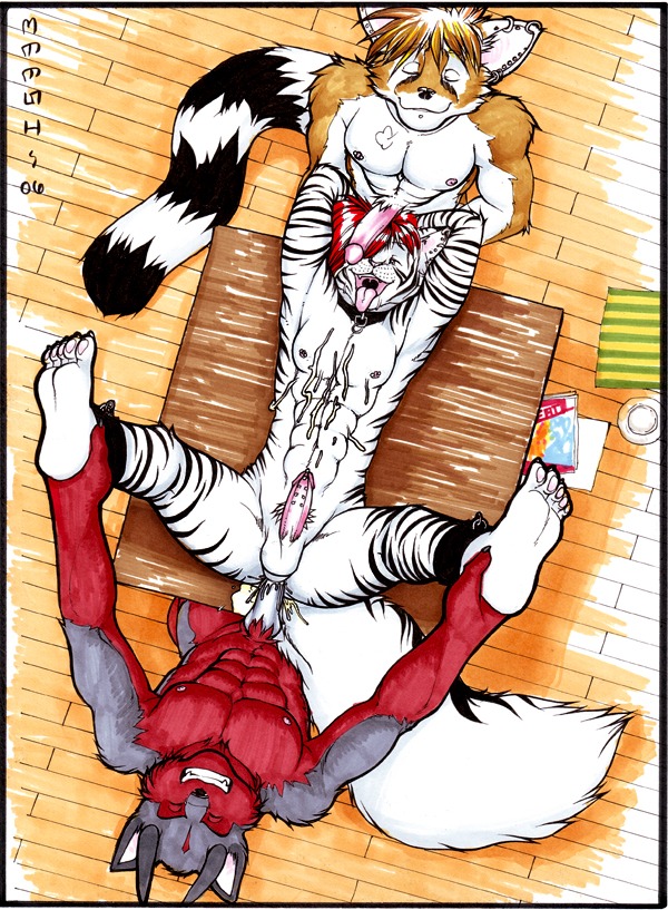 2006 abs anal anal_penetration animal_genitalia animal_penis ankle_cuffs anthro anthro_on_anthro bird's-eye_view bodily_fluids canid canine canine_genitalia canine_penis clenched_teeth collar collar_only cuff_(restraint) cum cum_inside digital_media_(artwork) domestic_cat e621 ear_piercing erection eyes_closed feet felid feline felis fellatio floor frenum_ladder frenum_piercing furniture genital_fluids genital_piercing genitals group group_sex hands_behind_head high-angle_view hindpaw horn humanoid_genitalia humanoid_penis hybrid knot ladder_piercing leather leather_cuffs letterbox male male/male male_penetrated male_penetrating male_penetrating_male mammal marker_(artwork) markings meesh nipple_piercing nipples nude on_table open_mouth oral paws penetration penile penis penis_piercing piercing plantigrade prince_albert_piercing restraints ring_(marking) ringed_tail sex spitroast spread_legs spreading striped_markings striped_tail stripes table tail tail_markings teeth threesome tongue tongue_out traditional_media_(artwork) trio wood wood_floor yurii