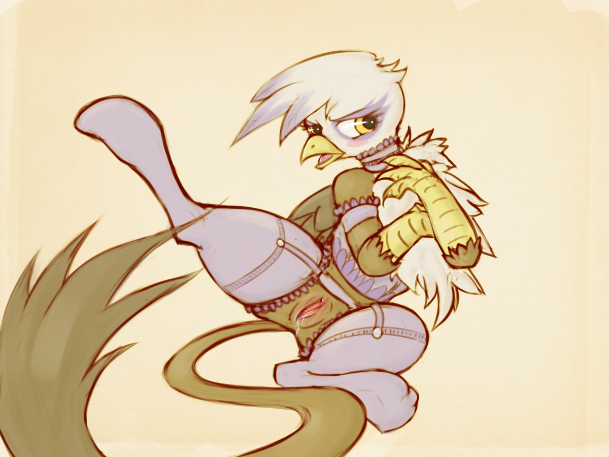 2011 4:3 amber_eyes avian beak blush bodily_fluids brown_body brown_feathers bustier choker clothing collar dovne e621 feathered_wings feathers female feral friendship_is_magic garter_belt garter_straps genital_fluids genitals gilda_(mlp) gryphon hasbro jewelry legwear lingerie looking_at_viewer my_little_pony mythological_avian mythological_creature mythology necklace open_mouth purple_body purple_feathers shy simple_background solo stockings tail tan_background underwear vaginal_fluids vulva white_body white_feathers wings yellow_eyes