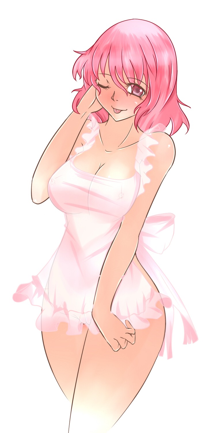 ;p aoshima apron breasts female highres naked_apron nipples pink_eyes pink_hair pussy rule34 see-through short_hair simple_background solo straight_hair taut_shirt tongue touhou uncensored white_background wink yuyuko_saigyouji