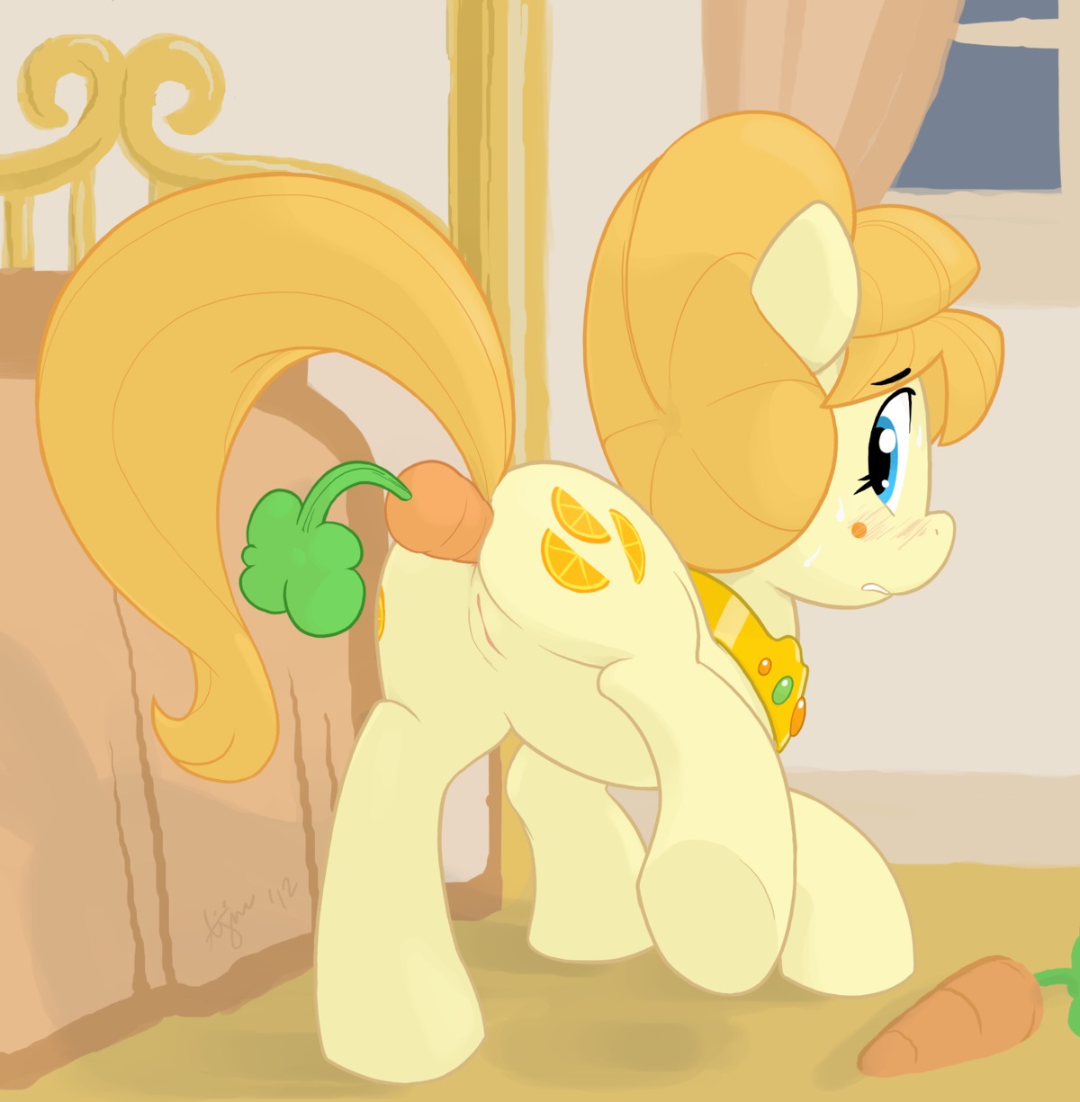 2012 ajin anal anal_penetration anus aunt_orange_(mlp) bed blonde_hair blue_eyes blush butt carrot carrot_dildo cutie_mark e621 earth_pony equid equine female feral food food_fetish food_insertion food_play friendship_is_magic furniture genitals hair hasbro hi_res horse humanoid_genitalia humanoid_vulva improvised_dildo improvised_sex_toy looking_at_viewer looking_back mammal my_little_pony nude penetration plant plant_in_anus pony quadruped shy solo tail vegetable vulva
