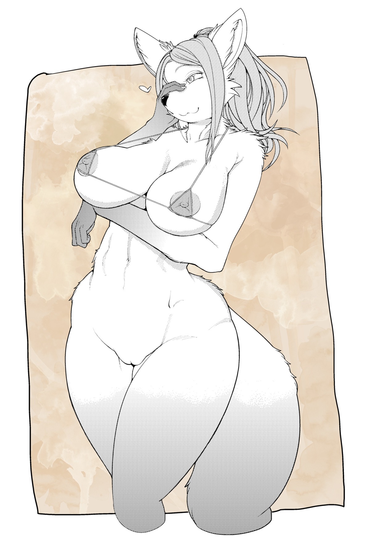 anthro big_breasts bikini bottomless breasts canid canine clothed clothing e621 female fox genitals heart_symbol hi_res mammal monochrome nipple_dip nipples sindoll skimpy solo swimwear tail two-piece_swimsuit vulva wide_hips