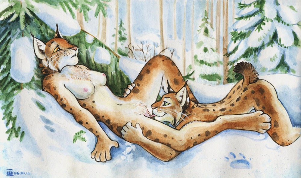 2010 anthro anthro_on_anthro ass_up breasts chest_tuft cunnilingus detailed_background duo e621 ear_tuft felid feline female female/female forest fur genitals green_eyes hand_on_leg hand_on_thigh inner_ear_fluff licking lying lynx mammal markings nipples on_back on_front oral outside plant sex snow spots spotted_body spotted_fur spread_legs spreading tongue tongue_out tree trisha tuft vaginal vulva wood yellow_sclera