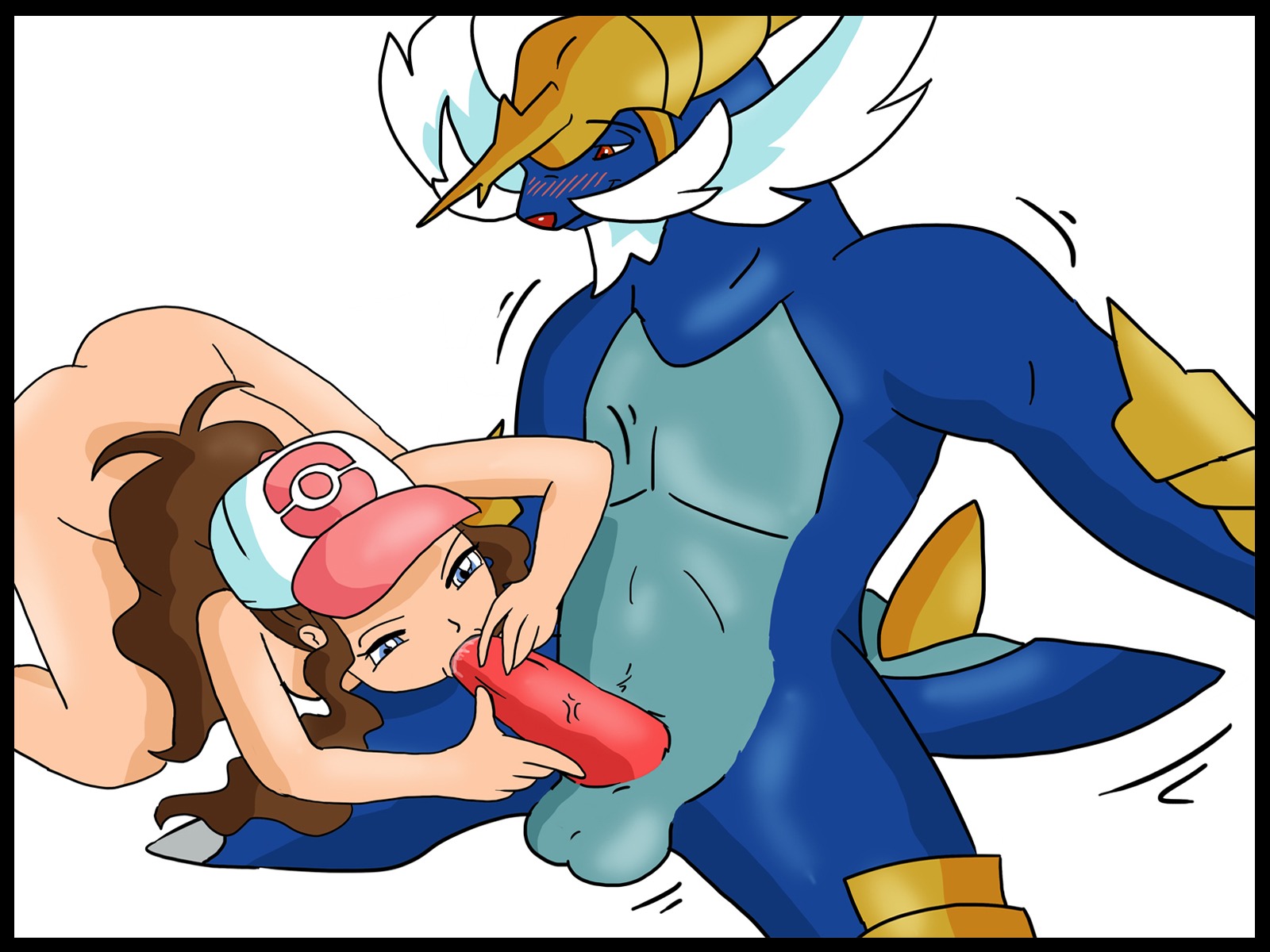 balls blush fellatio female hikozarulove hilda_(pokemon) human interspecies male male_pokemon/female_human oral penis pokemon pokephilia rule34 samurott straight trainer