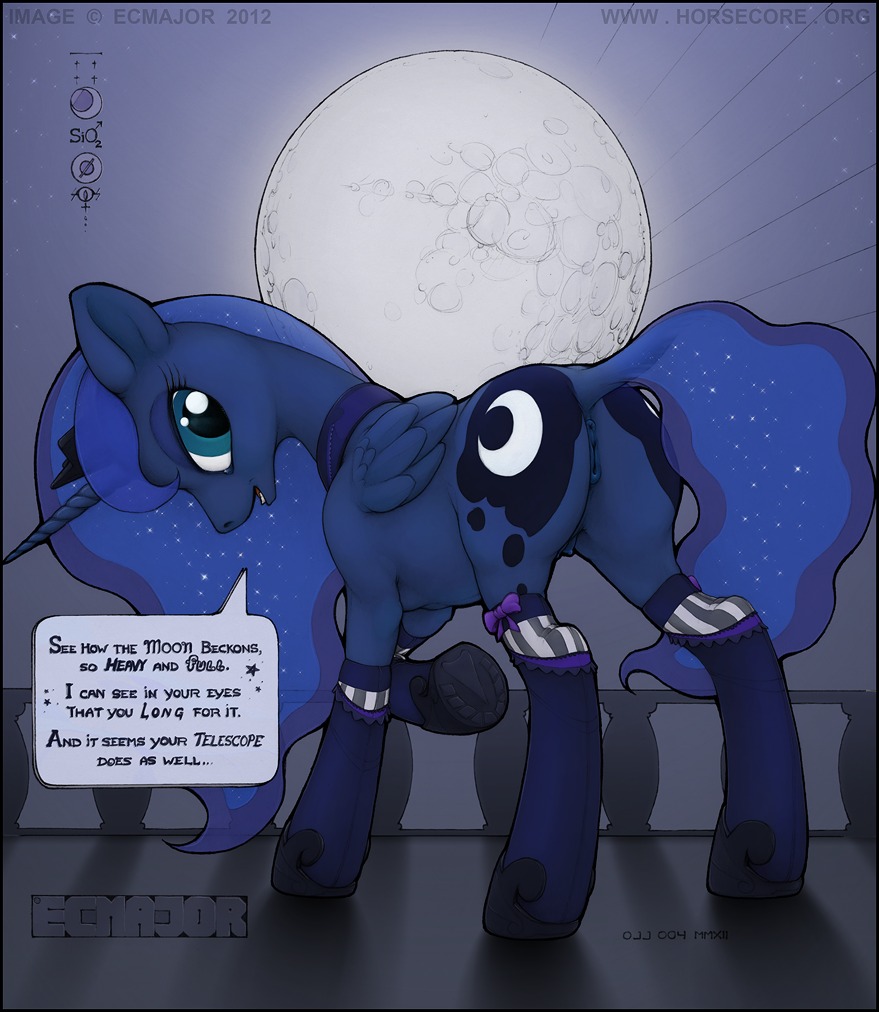 2012 anatomically_correct anatomically_correct_genitalia anatomically_correct_vulva animal_genitalia animal_vulva anus balcony bedroom_eyes black_border blue_body blue_feathers blue_hair border butt castle clothed clothing crown cutie_mark e621 ecmajor english_text equid equine equine_genitalia equine_vulva eyelashes feathered_wings feathers female feral friendship_is_magic genitals hair half-closed_eyes hasbro headgear horn legwear long_hair looking_at_viewer looking_back mammal moon multicolored_hair my_little_pony mythological_creature mythological_equine mythology narrowed_eyes partially_clothed presenting presenting_hindquarters presenting_vulva princess_luna_(mlp) raised_tail ribbons royalty seductive signature solo stockings tail teal_eyes teats text vulva winged_unicorn wings