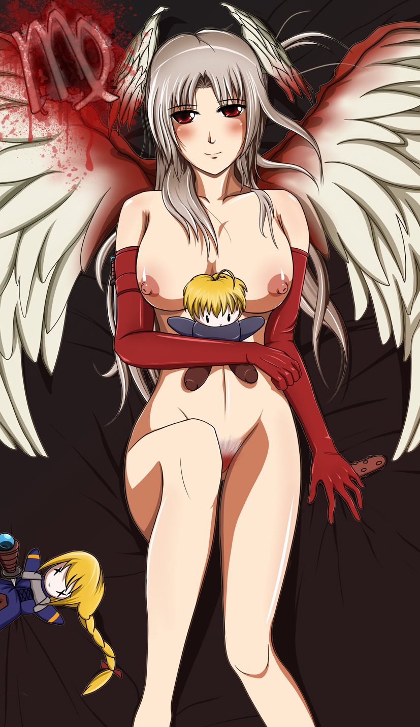 angel_wings blood blush breasts dildo doll elbow_gloves female final_fantasy final_fantasy_tactics final_fantasy_tactics_(original) gloves grey_hair head_wings highres knife long_hair nipples nude pointy_chin pubic_hair ramza_beoulve rule34 smile ticktank ultima ultima_(fft) wings