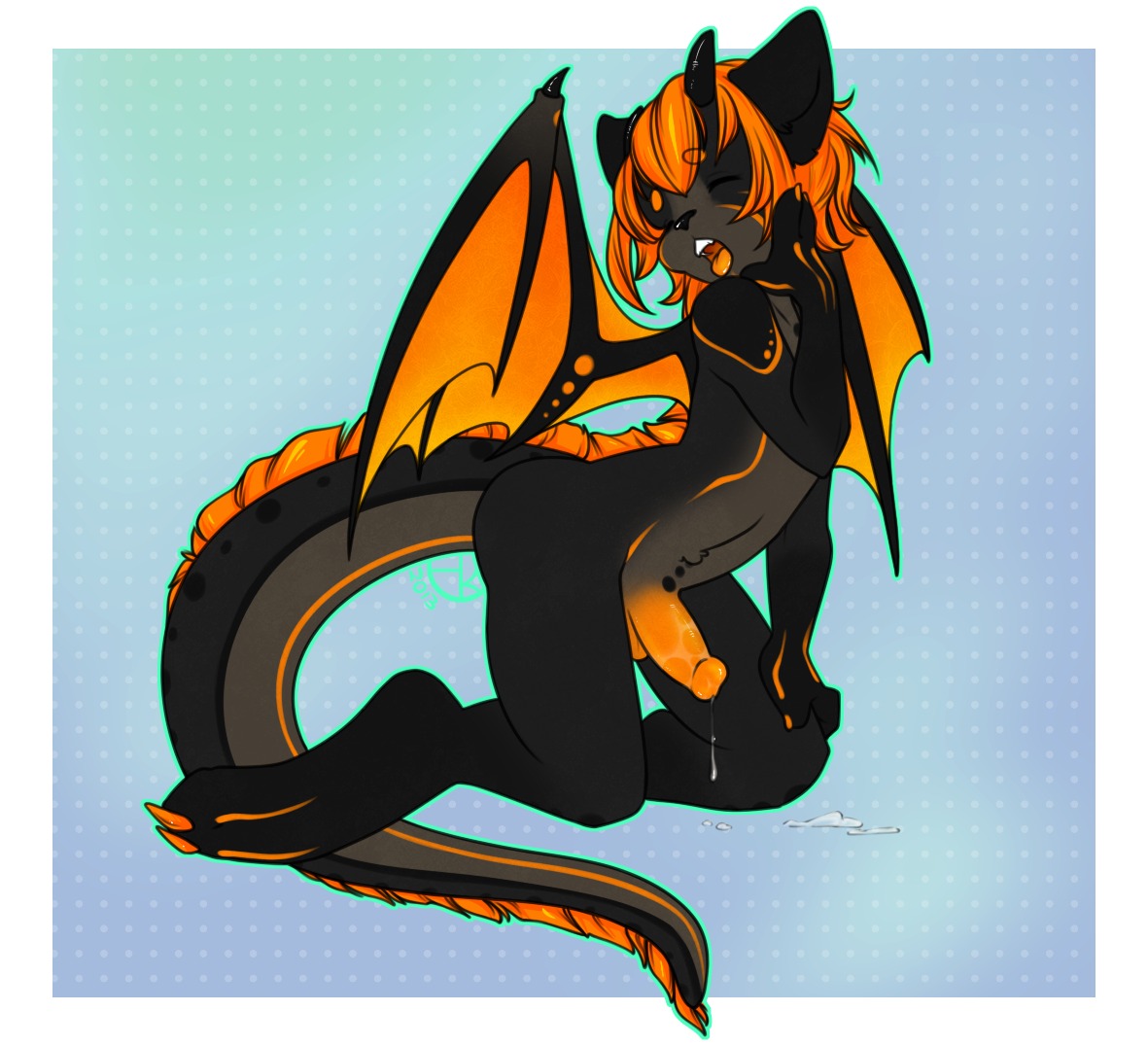 anthro biped black_body black_fur black_nose bodily_fluids claws cum dragon e621 erection eyes_closed felid fur furred_dragon furred_scalie genital_fluids genitals hair honeyking horn humanoid_genitalia humanoid_penis hybrid kneeling male mammal membrane_(anatomy) membranous_wings mythological_creature mythological_scalie mythology nude open_mouth orange_hair penis scalie solo tail wings