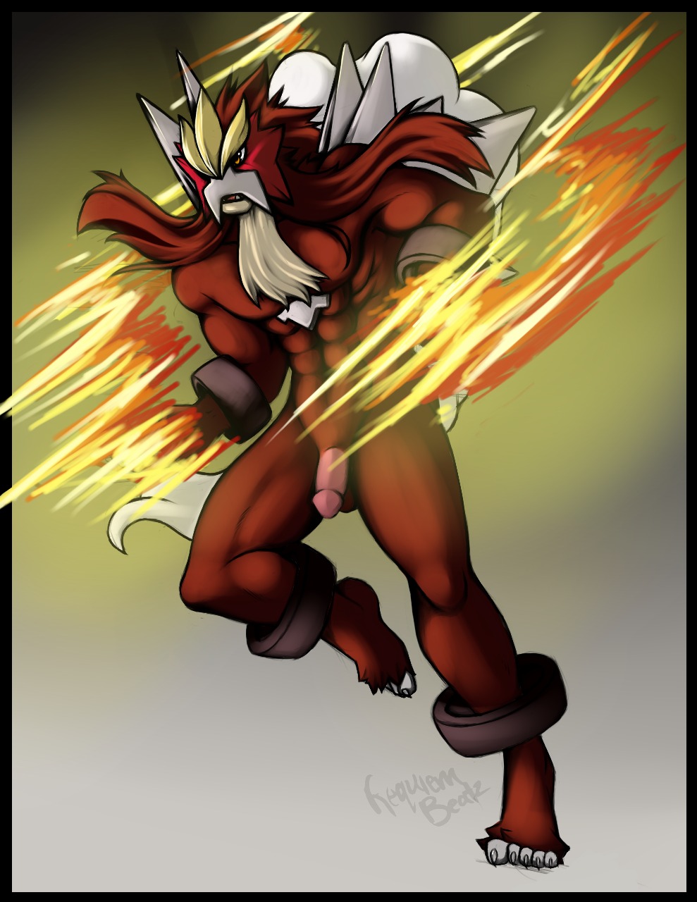 abs anthro balls biceps big_penis biped brown_body brown_fur canid canine claws e621 entei fighting_pose fire flaccid fluffy fur generation_2_pokemon genitals glans hair hi_res humanoid_genitalia humanoid_penis jumping khuraji legendary_pokemon male mammal muscular muscular_anthro muscular_male nintendo nude open_mouth orange_eyes paws pecs penis pokemon pokemon_(species) pokemorph pose red_body red_fur simple_background solo teeth white_body white_fur