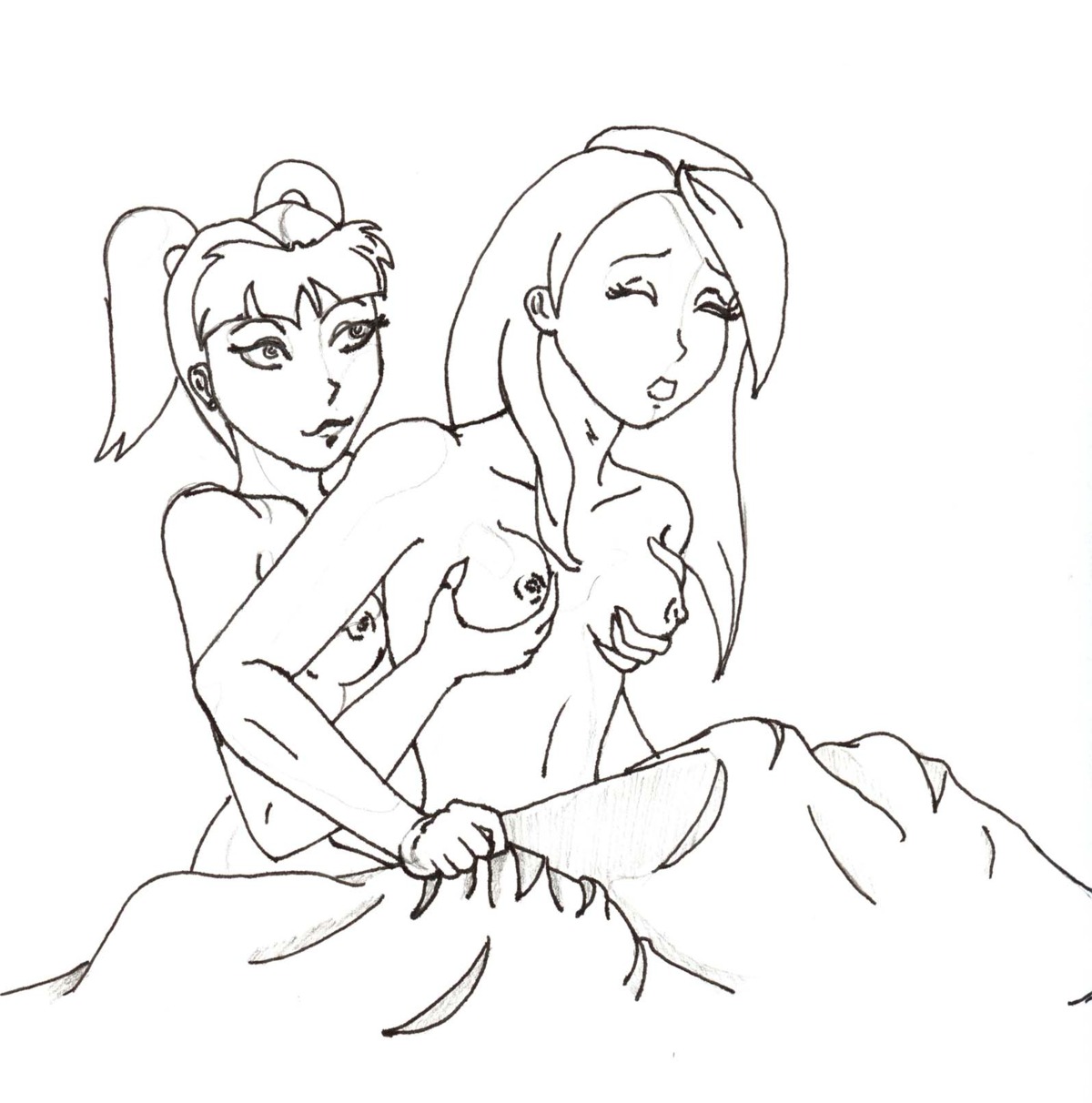 breast_grab breasts disney female female_only human kim_possible kimberly_ann_possible monochrome multiple_females nipples rule34 straight_hair tagme