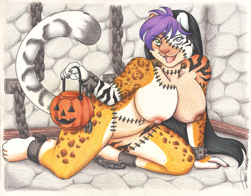 00s 2000s 2008 anthro bdsm black_hair blue_eyes bondage breasts cheetah fangs feline female frankenstein fur furry green_eyes hair halloween heterochromia leopard nipples pumpkin purple_hair rule34 shackles shelly siberian_tiger snow_leopard stitches tiger