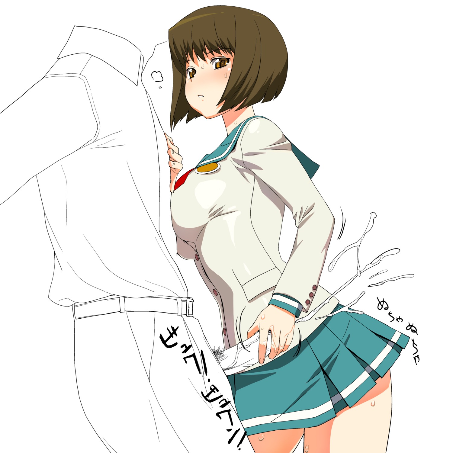 a1 breasts brown_hair erection female hagiwara_yukiho hair handjob highres idolmaster idolmaster_xenoglossia initial-g large_breasts line_art male penis premature_ejaculation reverse_grip rule34 school_uniform serafuku short_hair simple_background skirt standing tekoki uncensored xenoglossia
