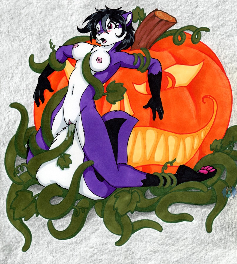 2012 anthro bdsm big_tail black_hair bodily_fluids bondage bound breasts cum cum_in_vagina cum_inside duo e621 elemental_creature female flora_fauna fluffy fluffy_tail food food_creature fruit fur genital_fluids genitals hair halloween holidays jack-o'-lantern living_fruit mammal mephitid nipples nude penetration pink_eyes plant plant_sex plant_tentacles pumpkin purple_body purple_fur restrained restrained_by_tentacles skunk solo_focus tail tentacle_in_vagina tentacle_penetration tentacles tierafoxglove traditional_media_(artwork) vaginal vaginal_penetration vines vulva