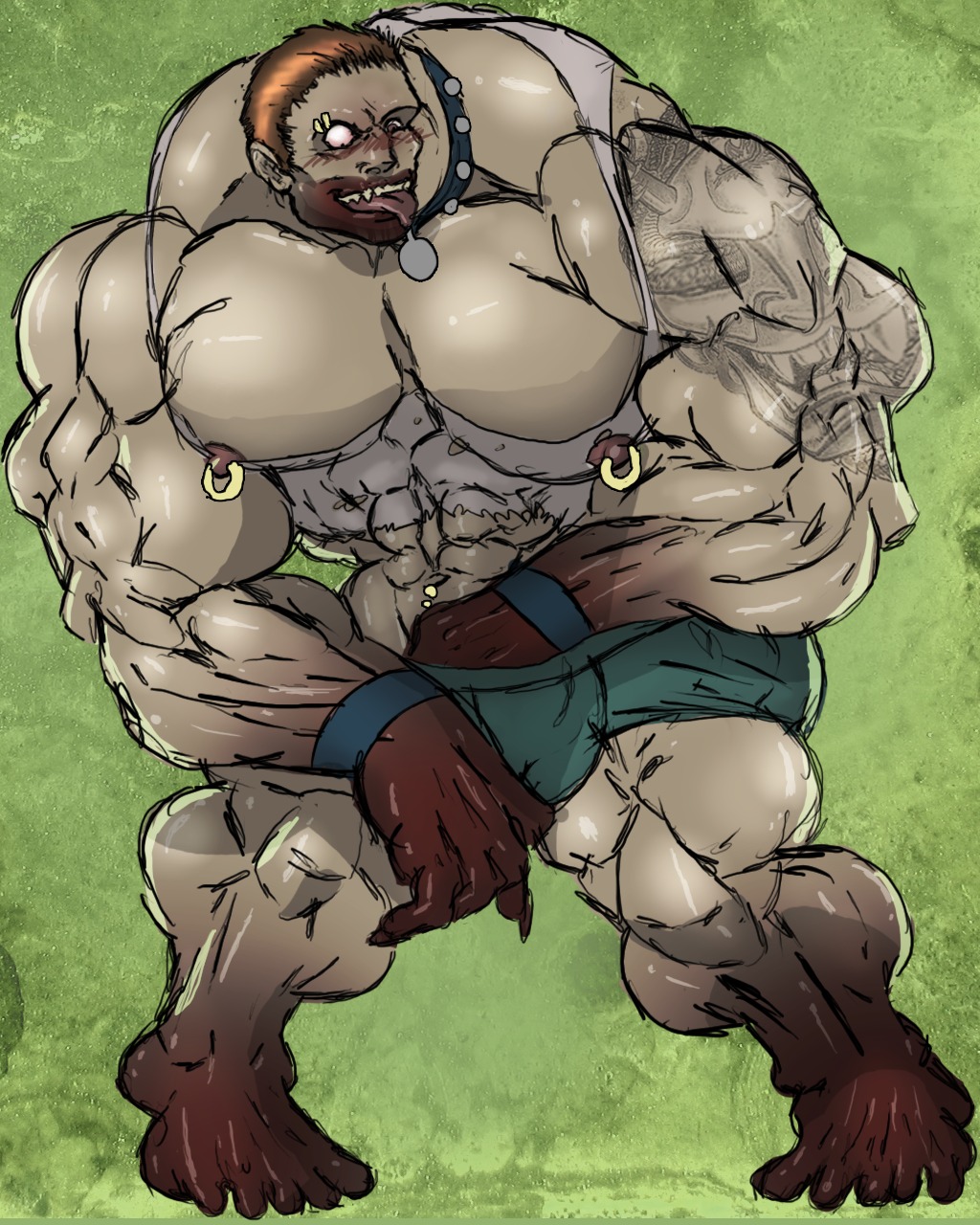 1boy 2d abs bands biceps blood blood_stain brown_hair calves collar deformed feet green_background huge_muscles hyper hyper_muscles jockey_(left_4_dead_2) left_4_dead_(series) left_4_dead_2 male male_only muk100 muscles muscular muscular_arms muscular_legs muscular_male nipple_piercing nipple_rings nipples pecs penis penis_grab piercing ridiculous_proportions rule34 shiny shorts solo tank_top tattoo torn_clothing torn_shirt zombie zombie_boy