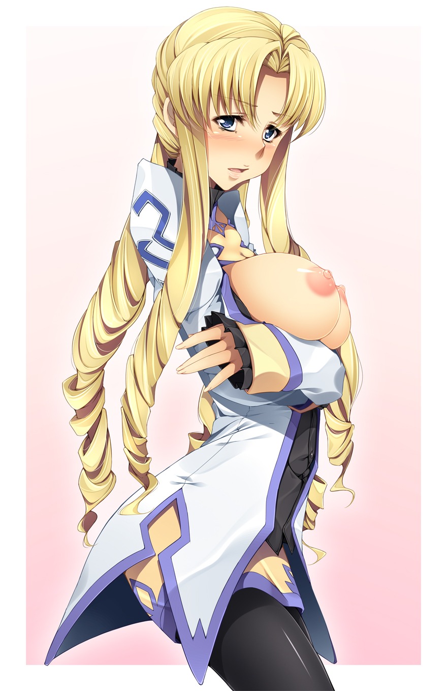 1girls blue_eyes blush breast_hold breast_lift breasts female highres kazumu long_hair marguerite_leeds marguerite_pistail pantyhose rule34 solo super_robot_wars super_robot_wars_z2 uniform very_long_hair