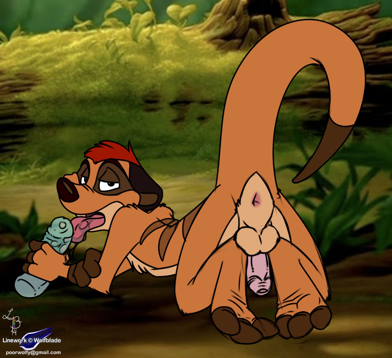 3_toes anthro anus backsack balls butt dildo dildo_lick disney e621 erection feet flaccid foreskin genitals half-closed_eyes herpestid hi_res hindpaw humanoid_genitalia humanoid_penis licking looking_at_viewer looking_back lying male male_(lore) mammal meerkat narrowed_eyes nude on_front open_mouth pawpads paws penis presenting presenting_hindquarters raised_tail sex_toy simple_background soles solo tail tail_anus the_lion_king timon toes tongue tongue_out wolfblade