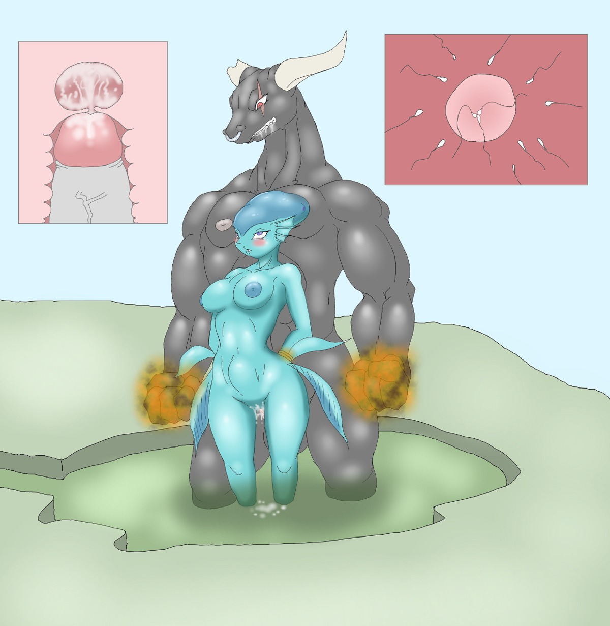 1boy 1girls blue_skin female fin fish_girl male ocarina_of_time princess_ruto purple_eyes rule34 sex the_legend_of_zelda zora