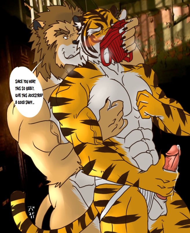 2013 abs animal_genitalia anthro balls biceps big_muscles big_penis black_body black_fur black_hair blush bodily_fluids breath brown_body brown_fur brown_hair claws clothing covering covering_mouth cum cum_string dripping duo e621 english_text erection eyes_closed felid from_behind_position fur genital_fluids genitals grabbing_from_behind grin hair hand_on_chest hand_on_penis hentist humanoid_genitalia humanoid_penis jockstrap leaking lion male male/male mammal markings masturbation muscular muscular_male musk nipple_fetish nipple_pinch nipple_play nipples nude orange_body orange_eyes orange_fur pantherine pec_grab pecs penile penile_masturbation penis pinch pink_nose precum scent sex sheath shishimaru_genjurou smell smile sniffing sniffing_clothes sniffing_while_masturbating standing stripes tail tan_body tan_fur teeth text tiger toragami_gaou underwear underwear_sniffing vein white_body white_fur