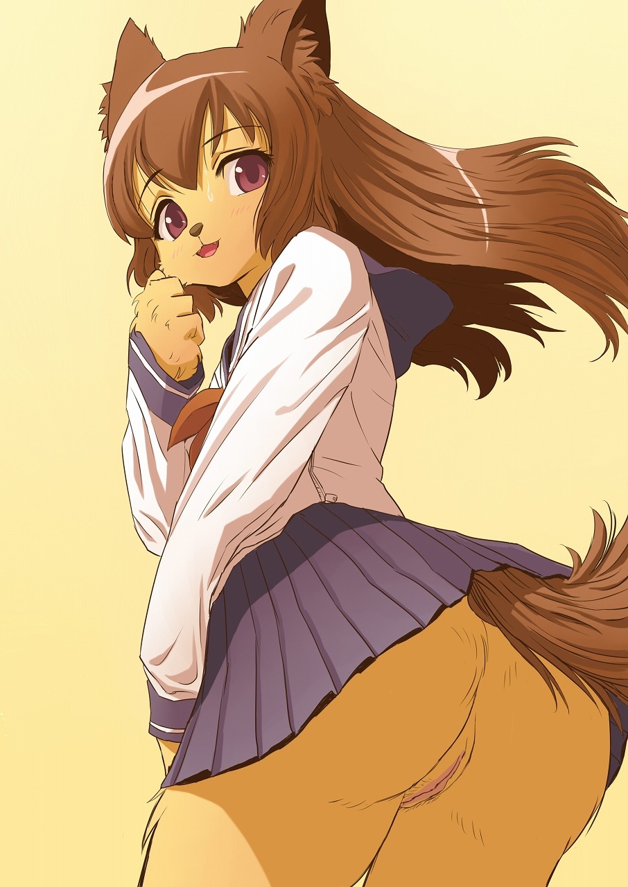 anthro asian_clothing blush bottomless bottomwear butt canid canine clothed clothing e621 east_asian_clothing female fox genitals hi_res japanese_clothing japanese_school_uniform kusomiso looking_at_viewer looking_back mammal no_underwear red_eyes school_uniform serafuku skirt smile solo tail tail_under_skirt uniform upskirt vulva