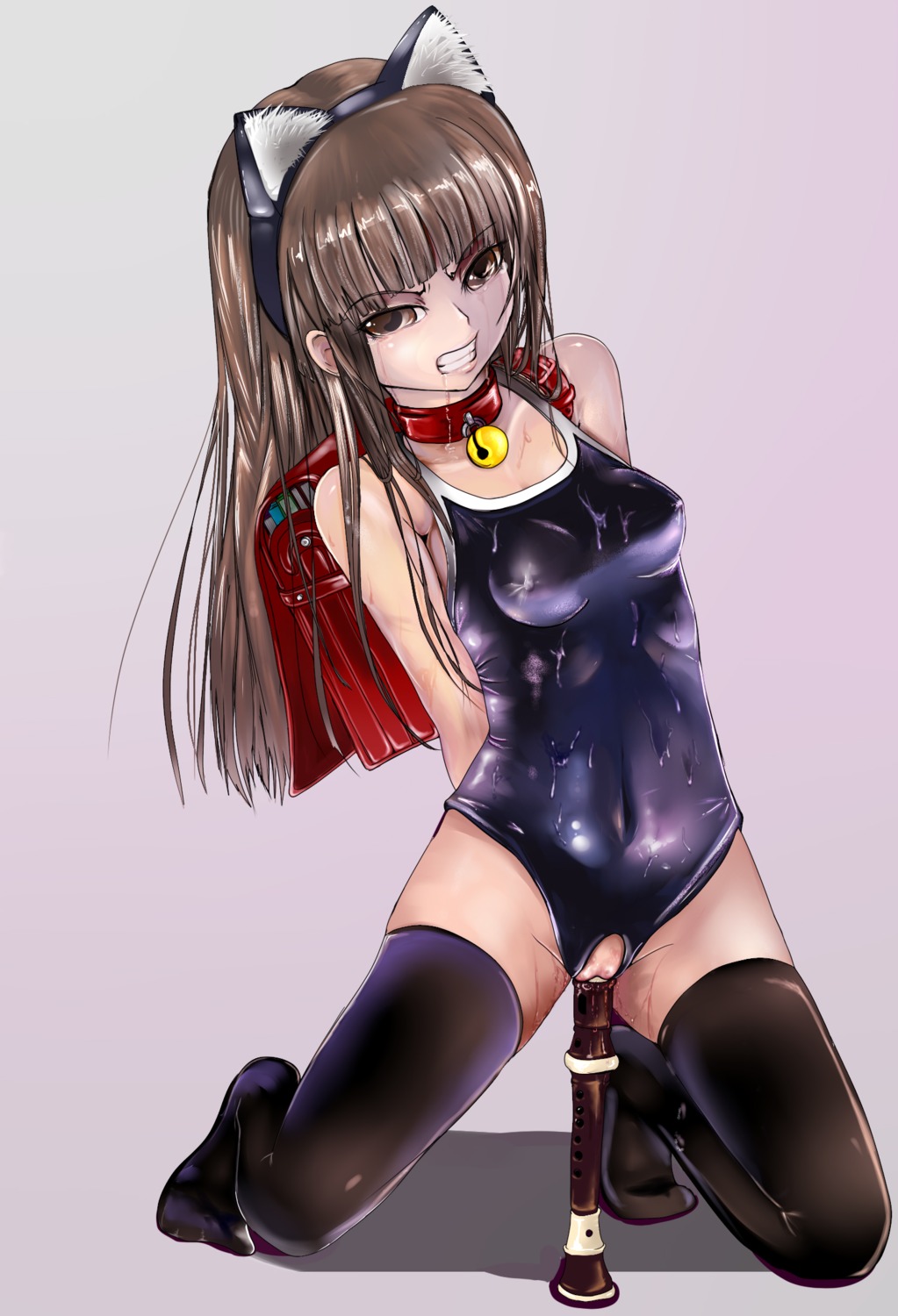 animal_ears arms_behind_back backpack bag bangs bare_shoulders bell black_legwear bondage brown_eyes brown_hair cat_ears clenched_teeth collar collar_bell cum dnm drooling erect_nipples female gigige12 highres insertion instrument kneeling musical_instrument nipples no_shoes one-piece_swimsuit original penetration pussy pussy_juice randoseru recorder_(musical_instrument) rule34 saliva school_swimsuit swimsuit tear thighhighs uncensored vaginal_penetration woodwind_instrument