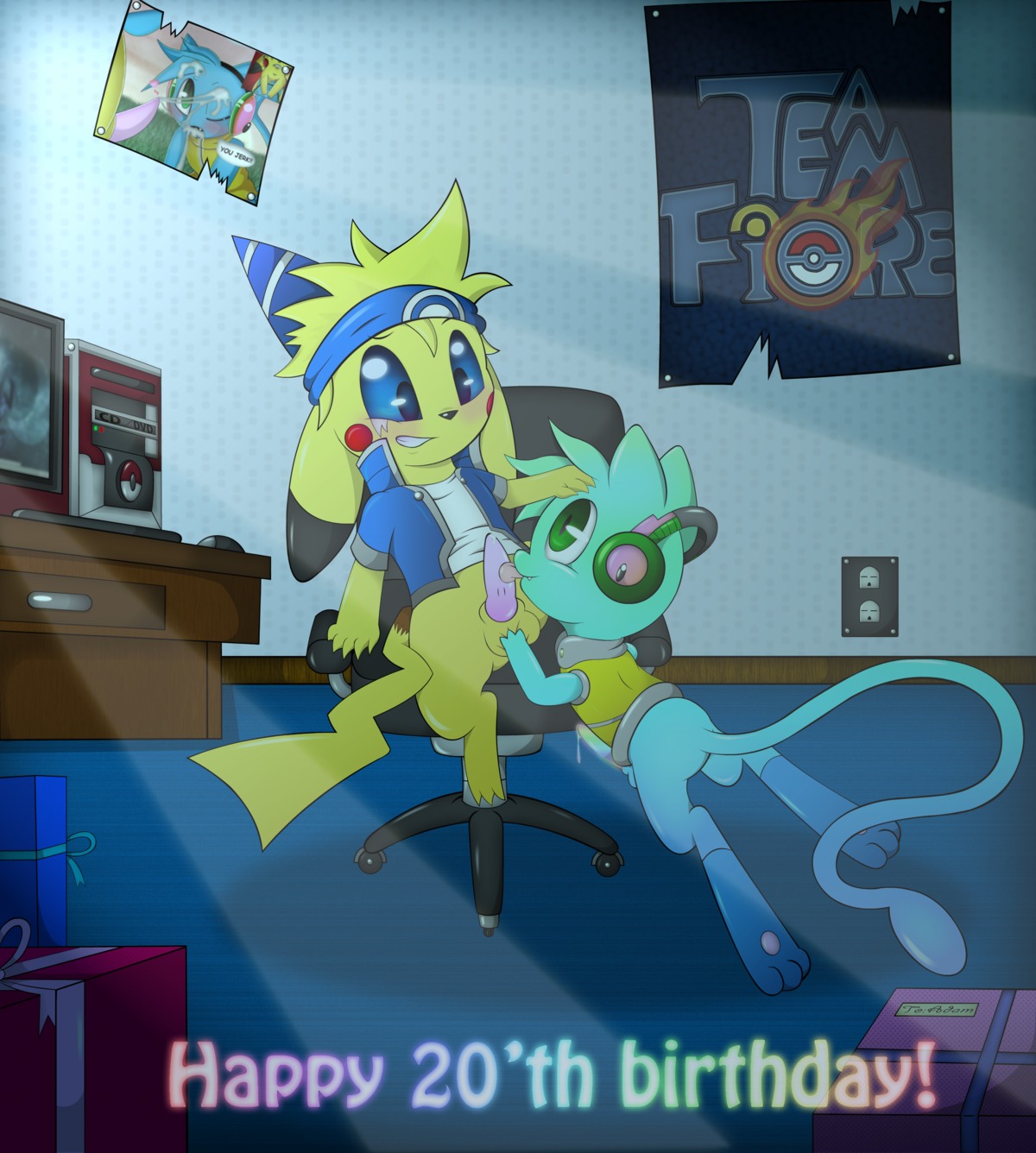 3_toes absurd_res alternate_color anthro balls bedroom bluebean blush bodily_fluids bottomless clothed clothing dialogue duo e621 electronics english_text erection eye_contact fan_character feet fellatio generation_1_pokemon genital_fluids genitals head_tuft headphones hi_res hindpaw inside legendary_pokemon licking long_tail looking_at_another male male/male male_penetrated male_penetrating male_penetrating_male mammal mew_(pokemon) nintendo oral paws penetration penile penis penis_lick pikachu pokemon pokemon_(species) precum rodent sex sitting tail text toes tongue tongue_out tuft